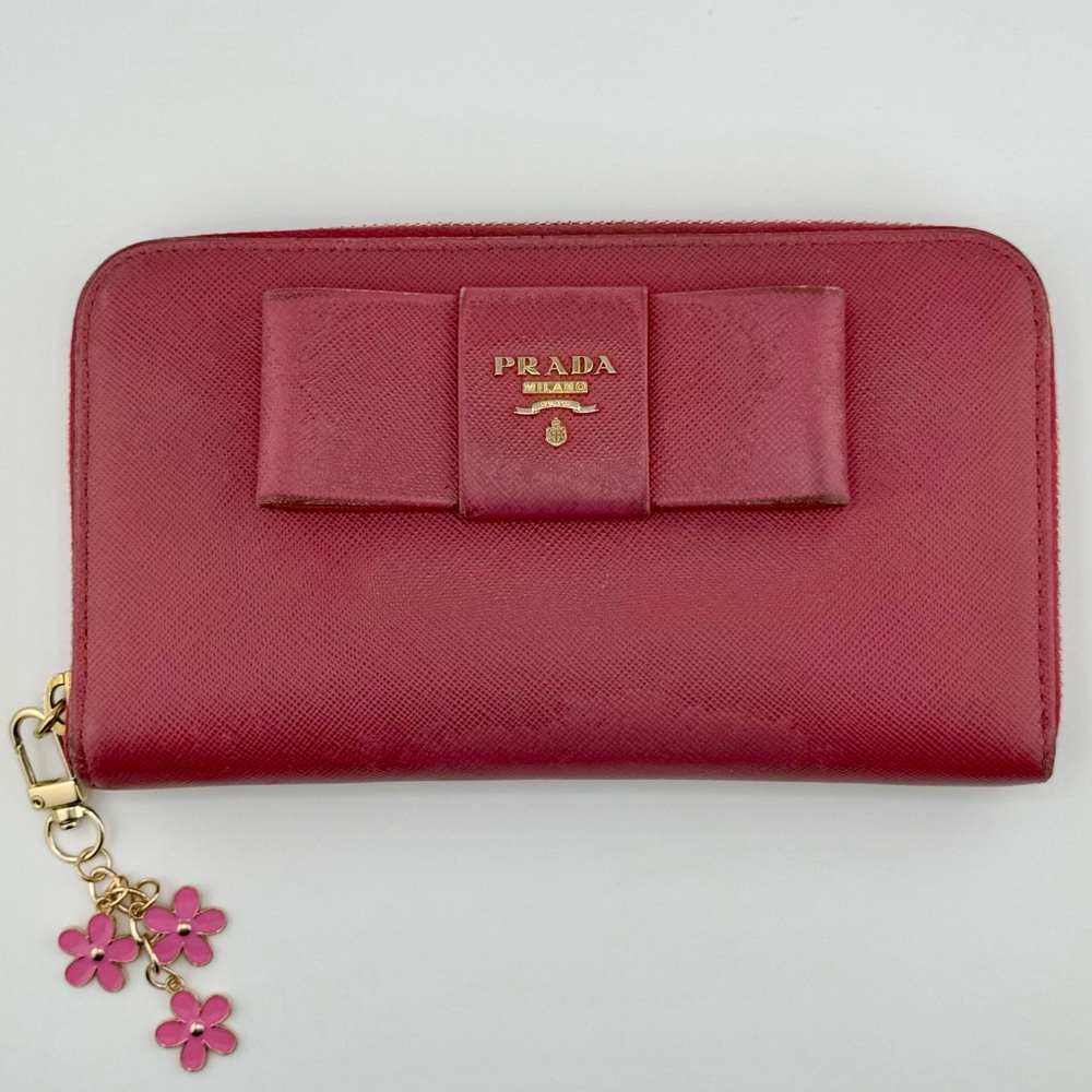 Prada Continental Zip Around Wallet Saffiano Leather Pink Bow Gold Hardware